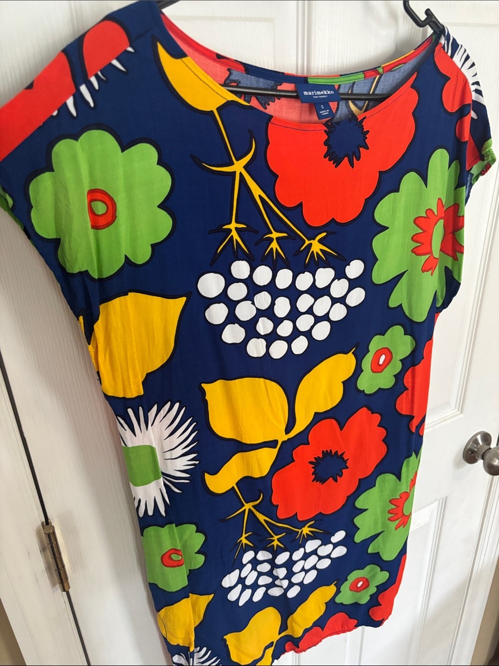 Marimekko Navy Blue Floral Mini Dress with Red, Yellow & Green